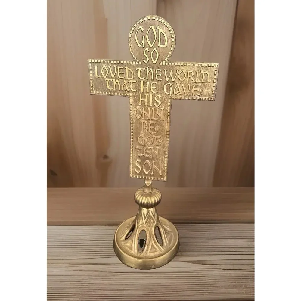 Altar Cross Brass & Enamel Crucifix Terra Sancta Handmade Israel 13” Mid Century